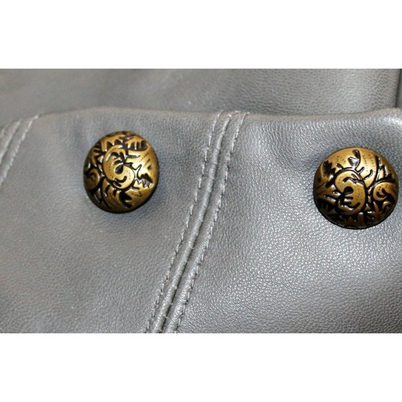 Michaela Fur Gray Leather Zip Band Jacket Military Style Buttons Women's Sz M - Picture 7 of 11